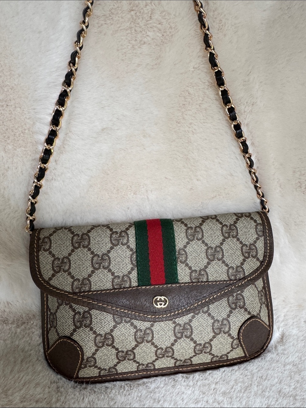 Gucci Beige Brown GG Canvas Bag with Green-Red Web Stripe